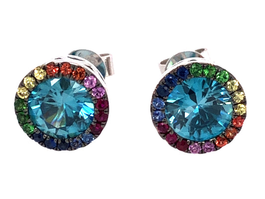 BLUE ZIRCON, RAINBOW SAPPHIRE & TSAVORITE HALO STUD EARRING