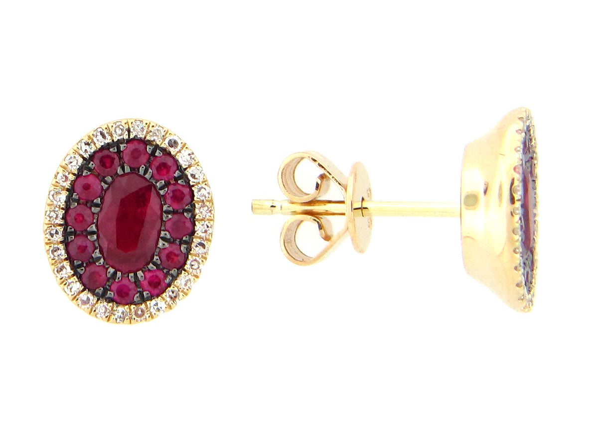 RUBY & DIAMOND OVAL CLUSTER EARRING, 14KY (H)