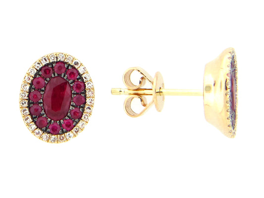 RUBY & DIAMOND OVAL CLUSTER EARRING, 14KY (H)