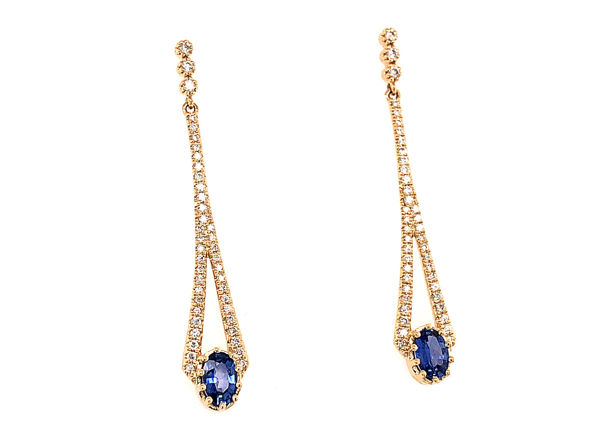 SAPPHIRE & DIAMOND LONG DANGLE EARRING, 14KY (H)