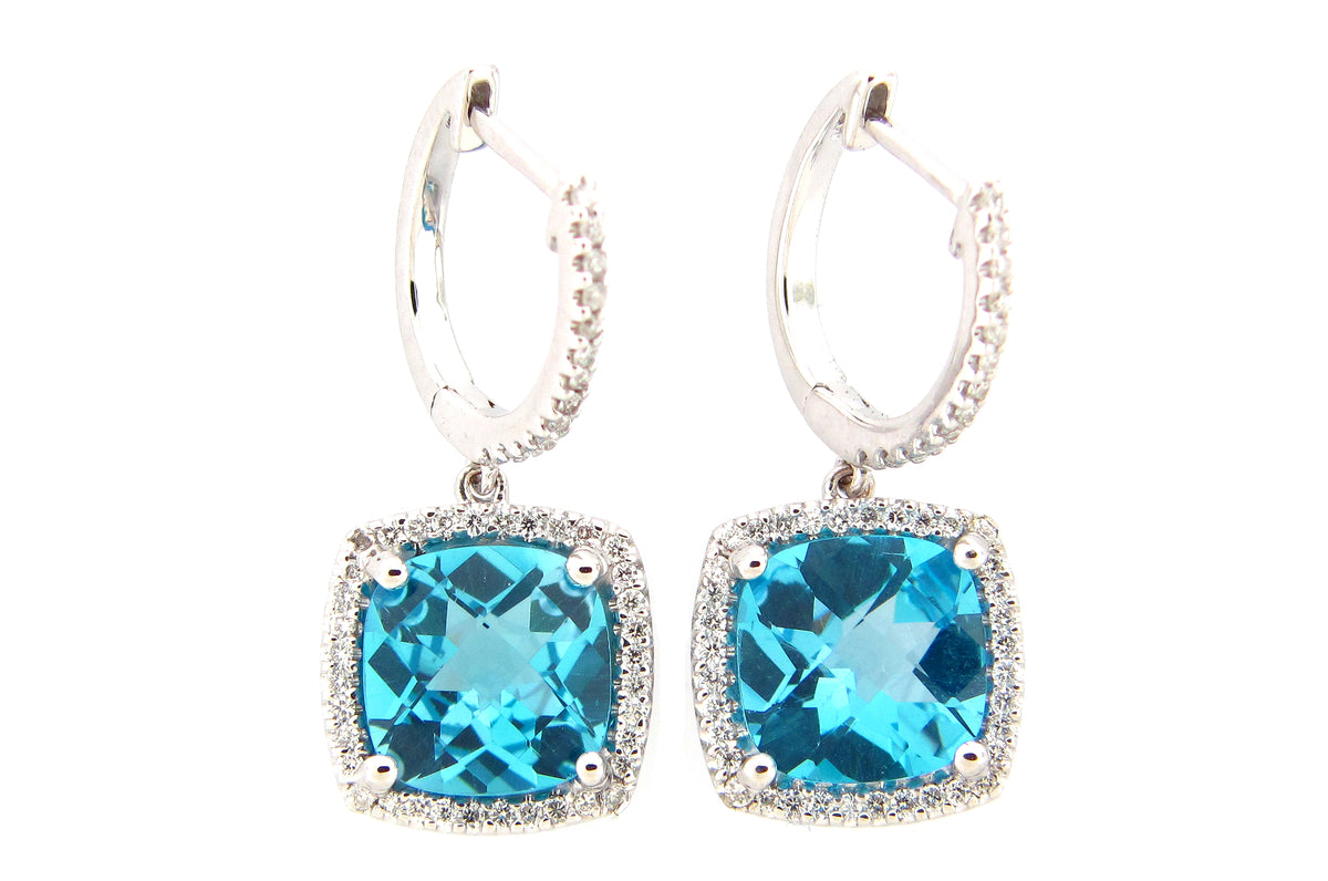 SWISS BLUE TOPAZ & DIAMOND CUSHION DANGLE EARRING, 14KW (R)