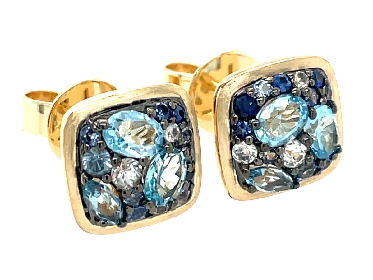 BLUE SAPPHIRE & BLUE TOPAZ CUSHION CLUSTER STUD EARRING, SATIN FINISH