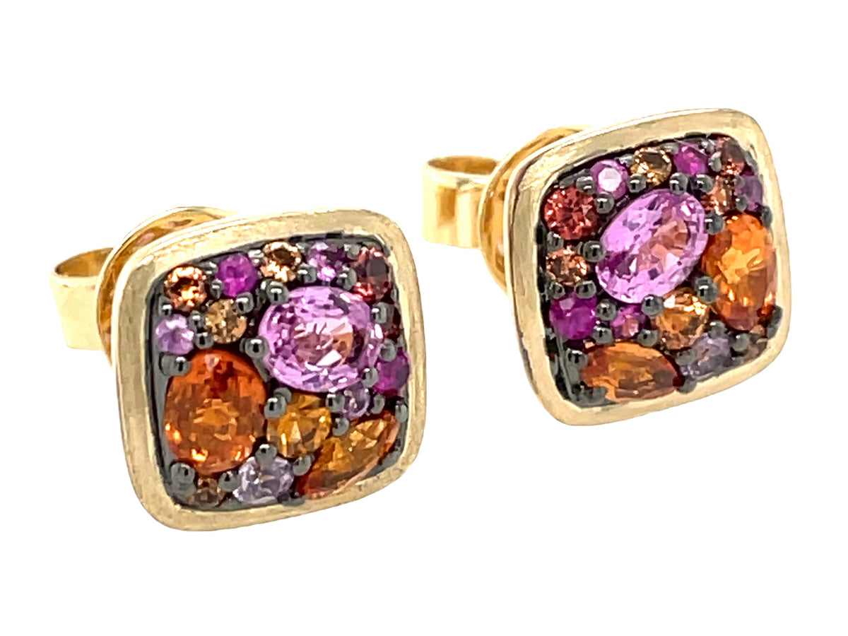 PINK & ORANGE SAPPHIRE CUSHION CLUSTER STUD EARRING, SATIN FINISH