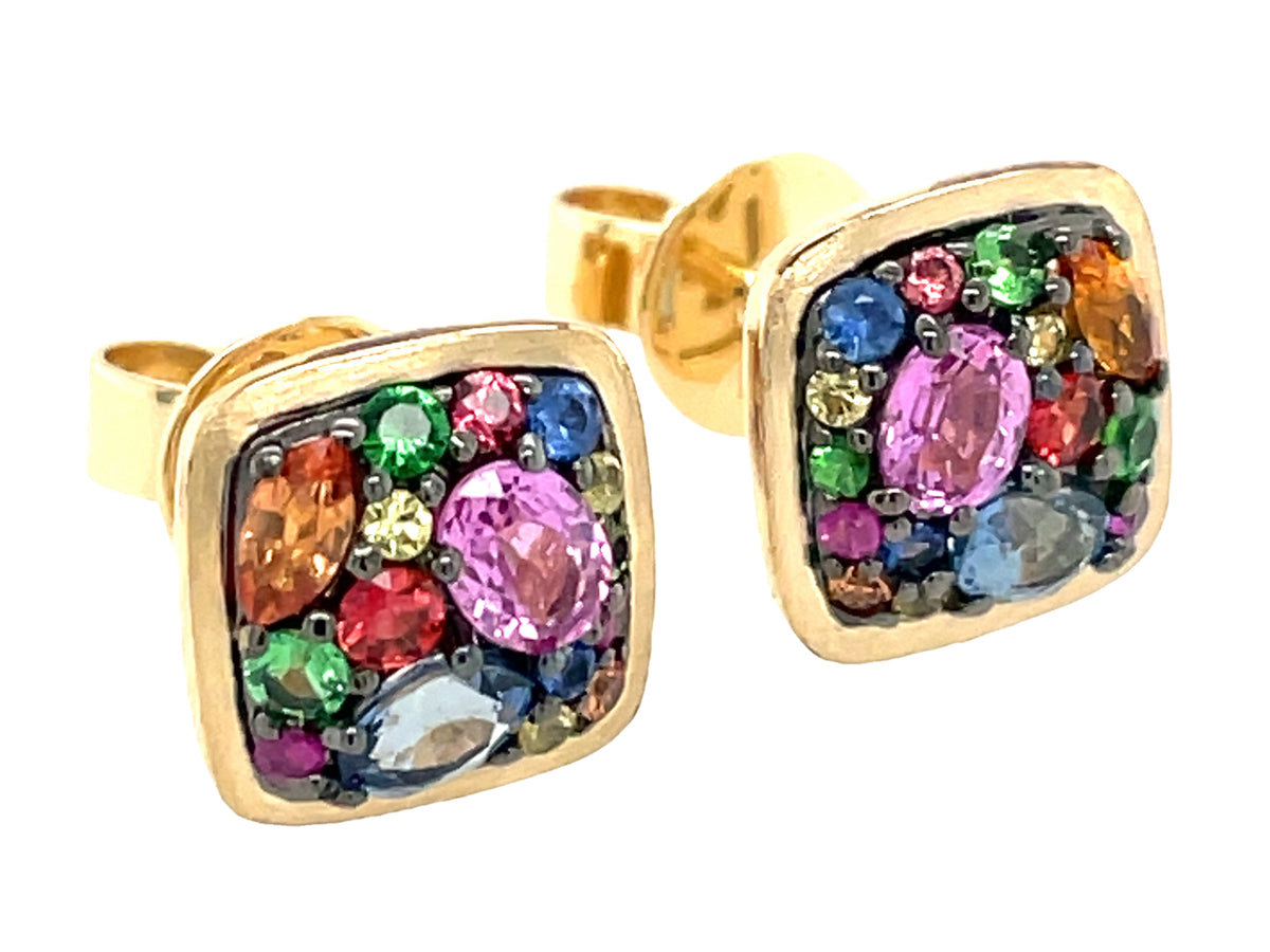 RAINBOW SAPPHIRE & TSAVORITE CUSHION CLUSTER STUD EARRING, SATIN FINISH