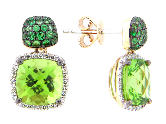 CHECKERBOARD PERIDOT, TSAVORITE & DIAMOND CUSHION EARRING, 14KY (N)
