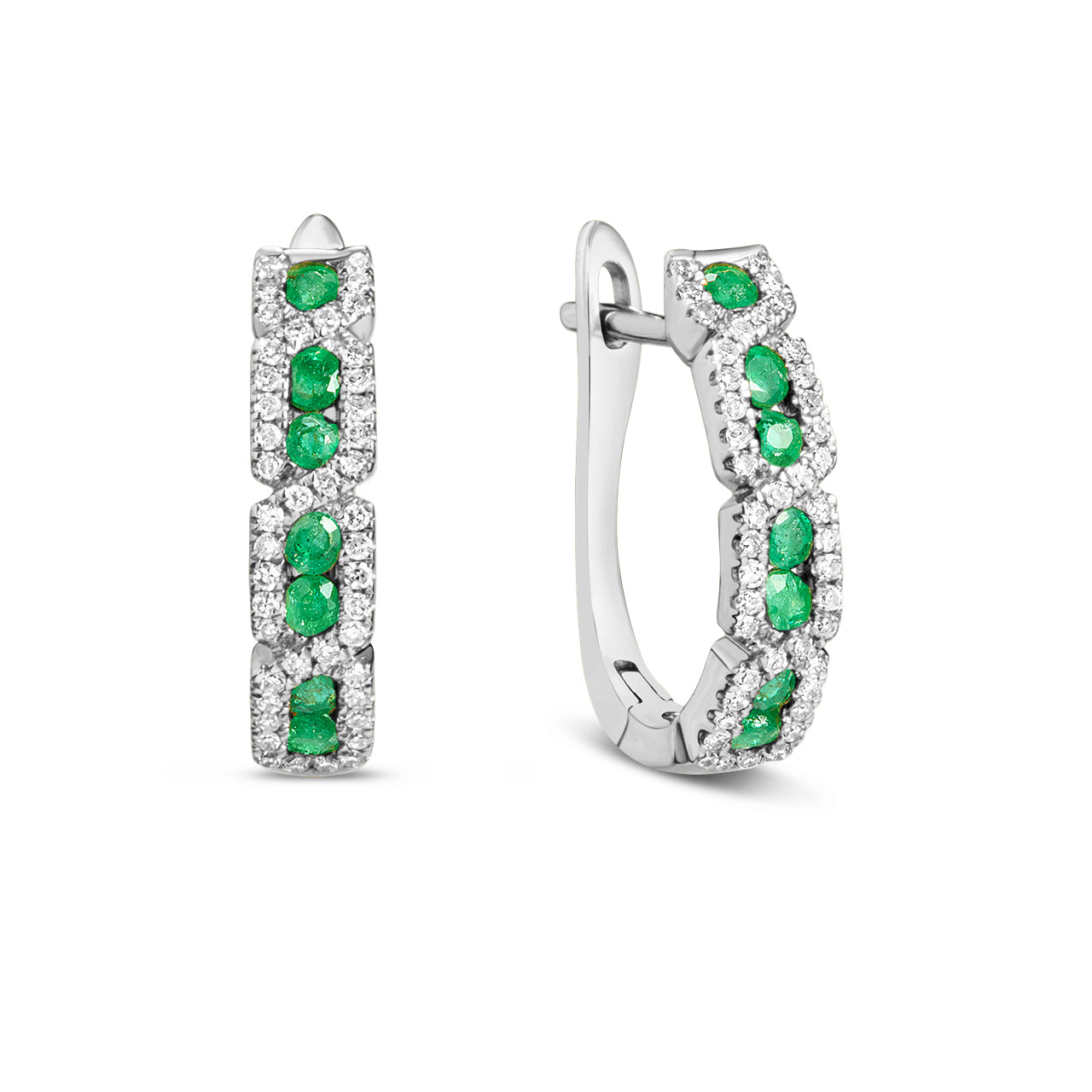Emerald & Diamond Geometric Halo Huggie Earrings