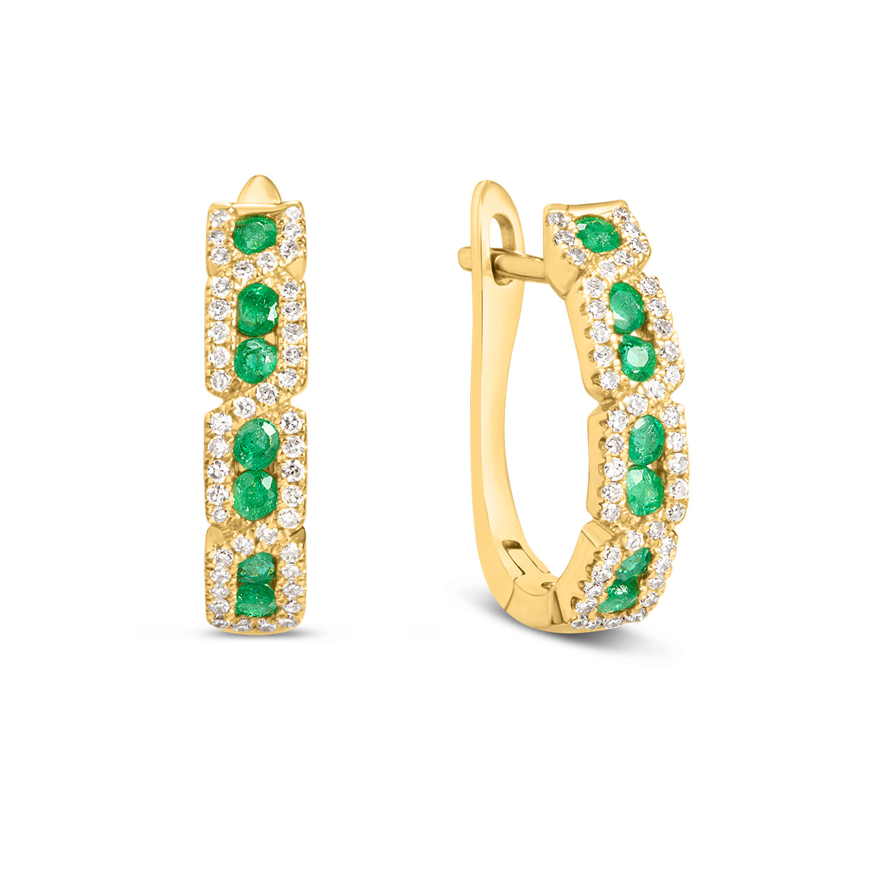 Emerald & Diamond Geometric Halo Huggie Earrings