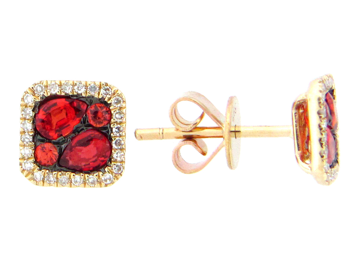 ORANGE SAPPHIRE & DIAMOND CUSHION STUD EARRING, 14KY (U/N)