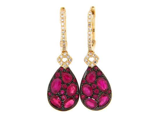 RUBY & DIAMOND PEAR CLUSTER EARRING, 14KY (H)