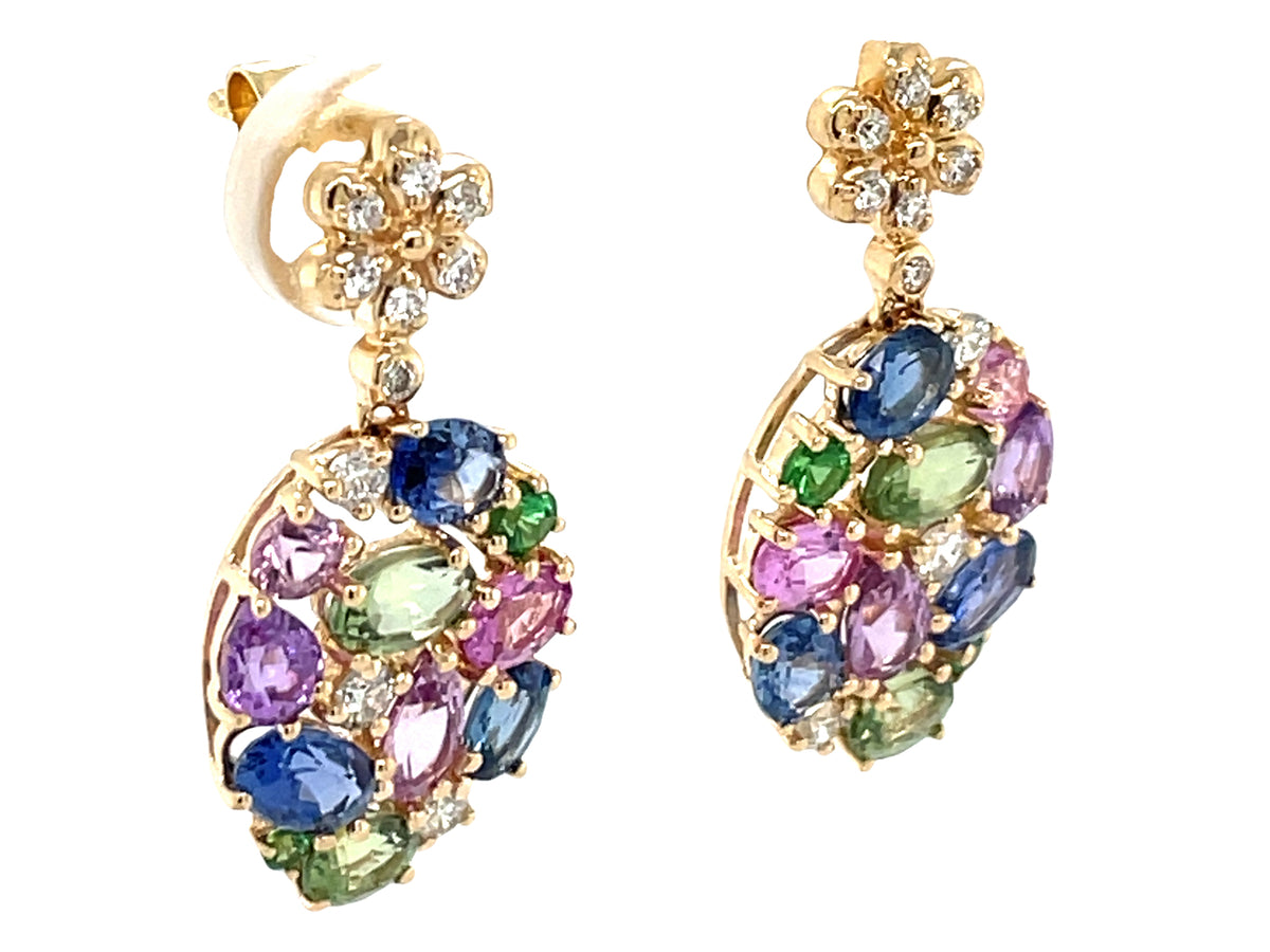 MULTI COLOR SAPPHIRE, TSAVORITE & DIAMOND OVAL CLUSTER DANGLE EARRING