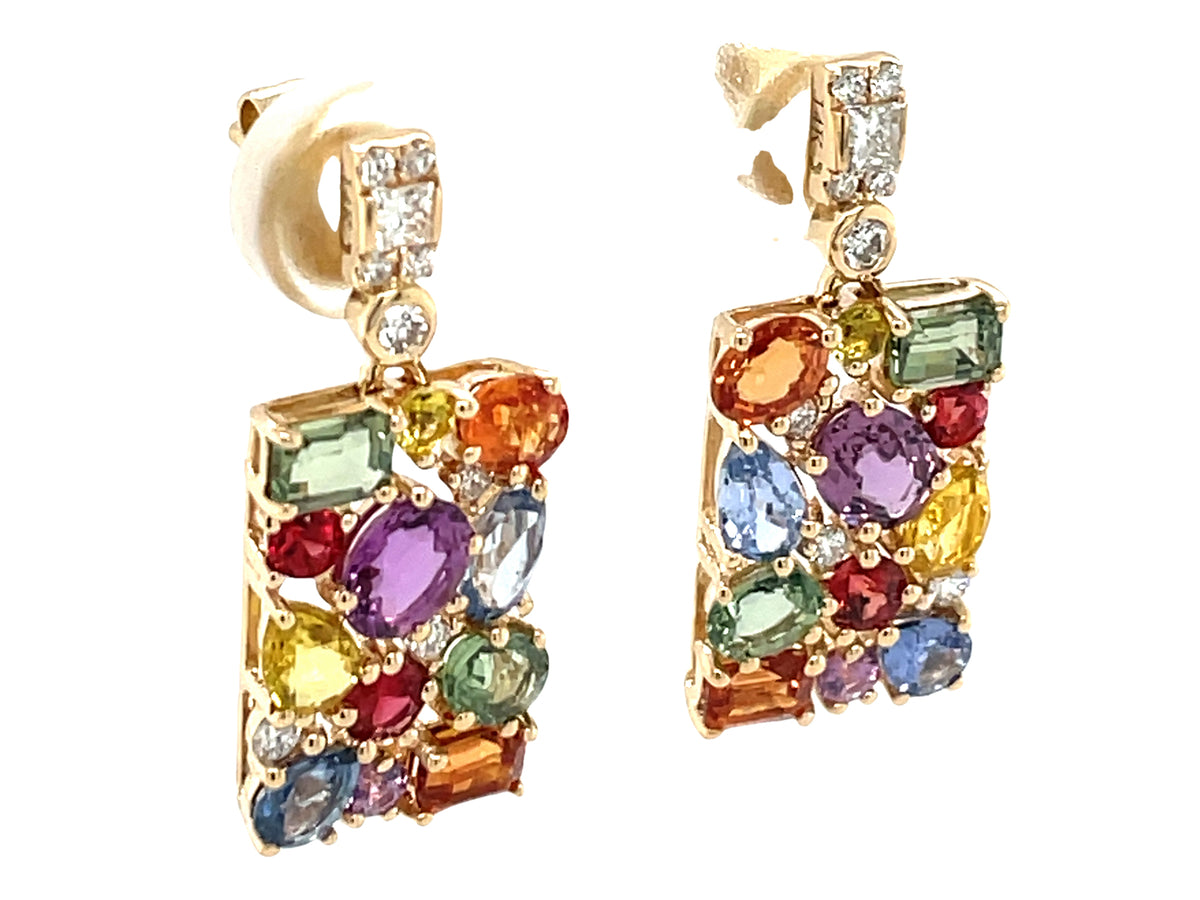 MULTI COLOR SAPPHIRE & DIAMOND RECTANGLE CLUSTER DANGLE EARRING