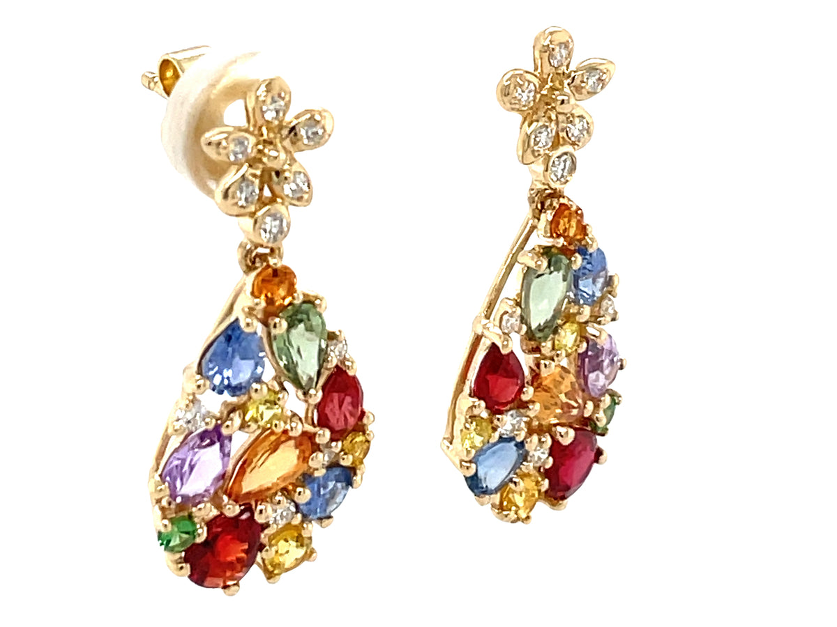 MULTI COLOR SAPPHIRE, TSAVORITE & DIAMOND PEAR CLUSTER DANGLE EARRING