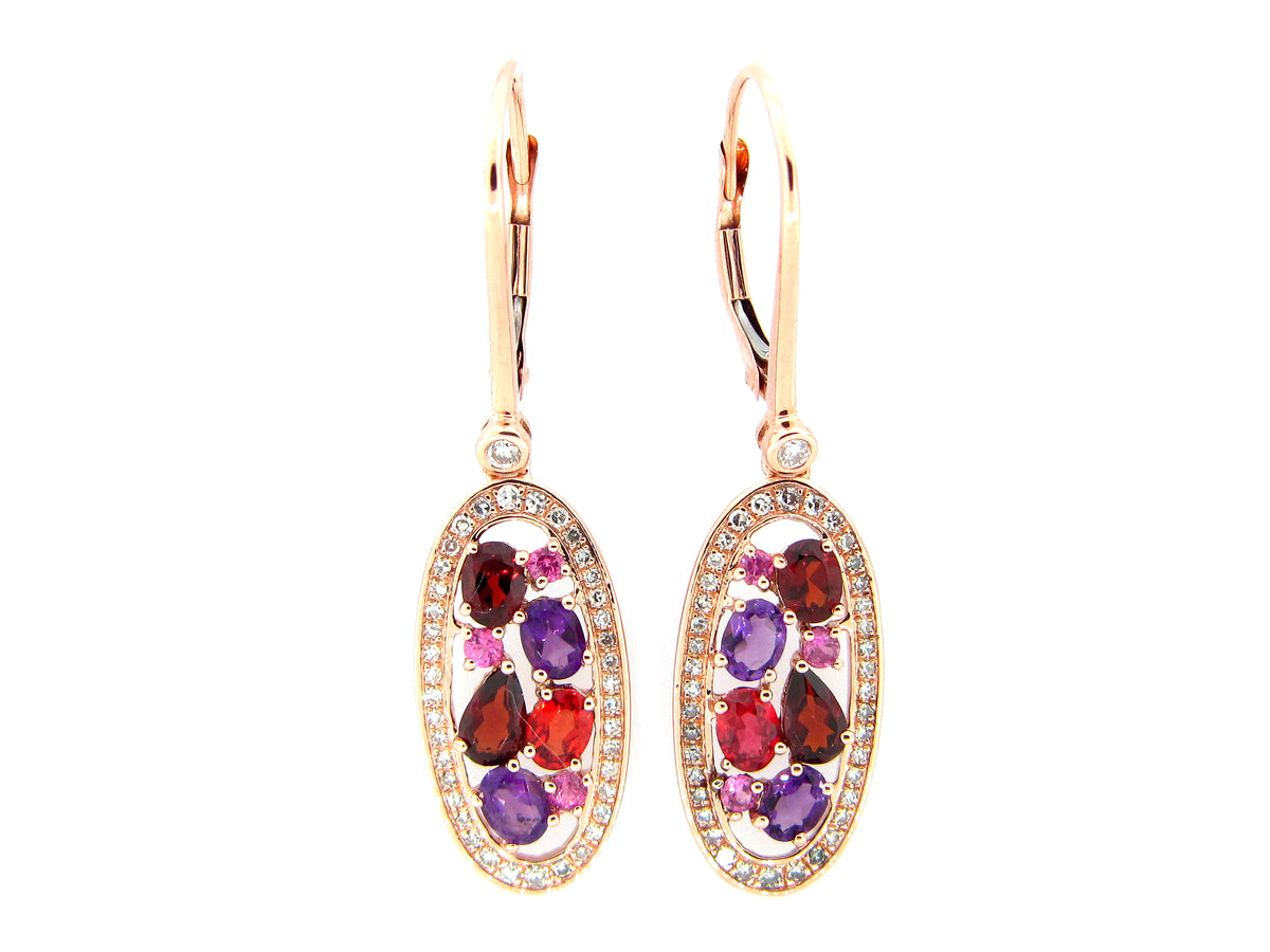 FANCY COLOR SAPPHIRE, AMETHYST, GARNET & DIAMOND EARRING, 14KR (H/N)