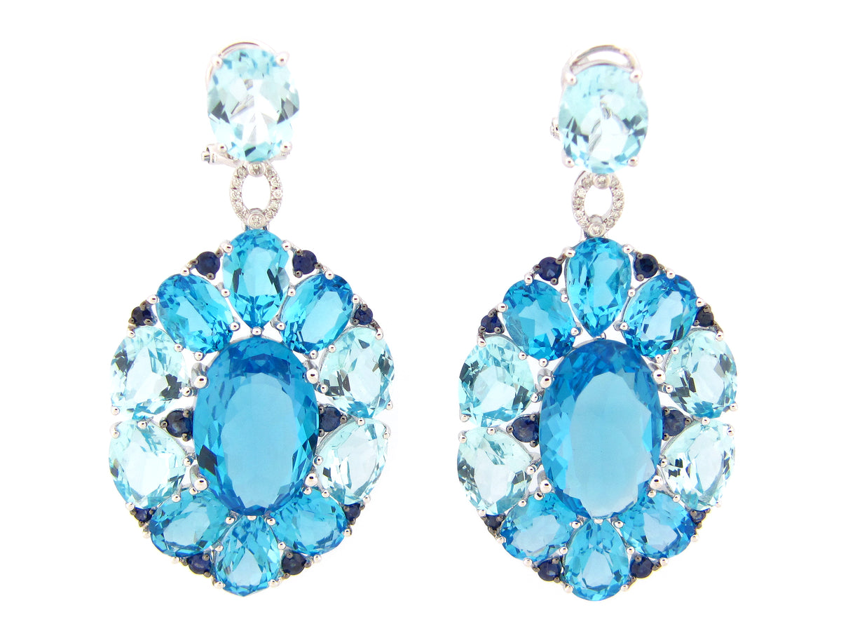 BLUE TOPAZ, SAPPHIRE & DIAMOND LARGE OVAL CLUSTER DANGLE EARRING, 14KW (H/R)