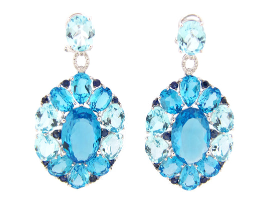 BLUE TOPAZ, SAPPHIRE & DIAMOND LARGE OVAL CLUSTER DANGLE EARRING, 14KW (H/R)