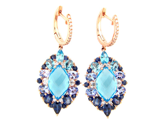 CHB MARQUISE SWISS BLUE TOPAZ, TANZANITE, SAPPH & DIA EARRING, 14KR (H/R)