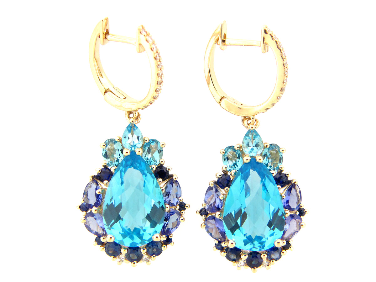 CHB PEAR SWISS BLUE TOPAZ, TANZANITE, SAPPH & DIA EARRING, 14KY (H/R)