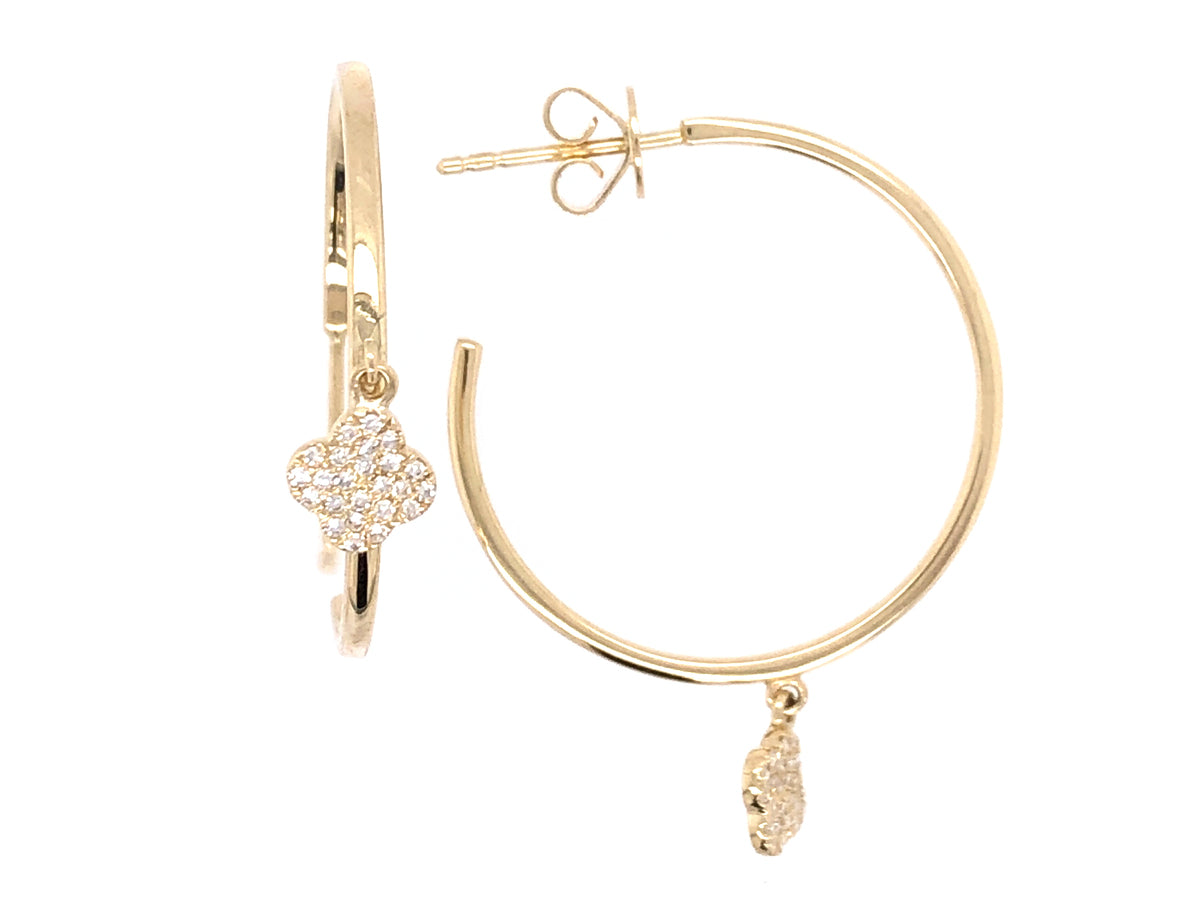DIAMOND CLOVER 25MM J HOOP EARRINGS, 14KY (N)