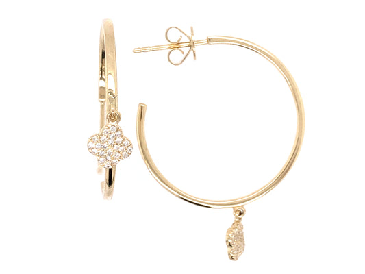 DIAMOND CLOVER 25MM J HOOP EARRINGS, 14KY (N)