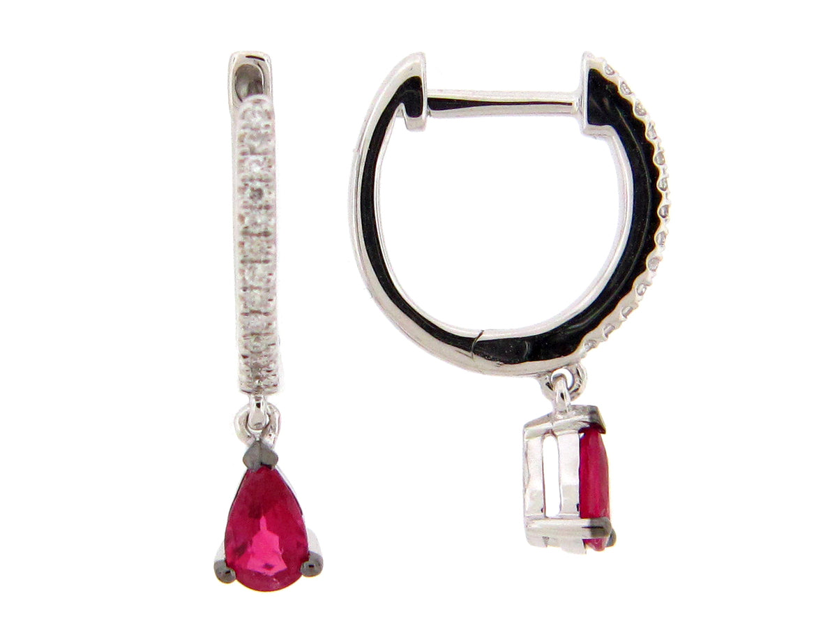 RUBY & DIAMOND HOOP PEAR DANGLE EARRING, 14KW (H)