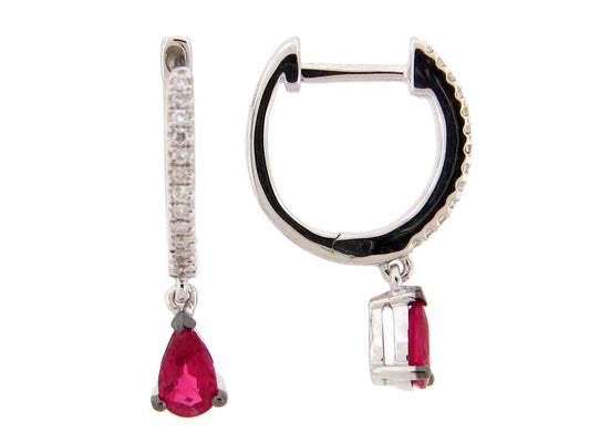 RUBY & DIAMOND HOOP PEAR DANGLE EARRING, 14KW (H)