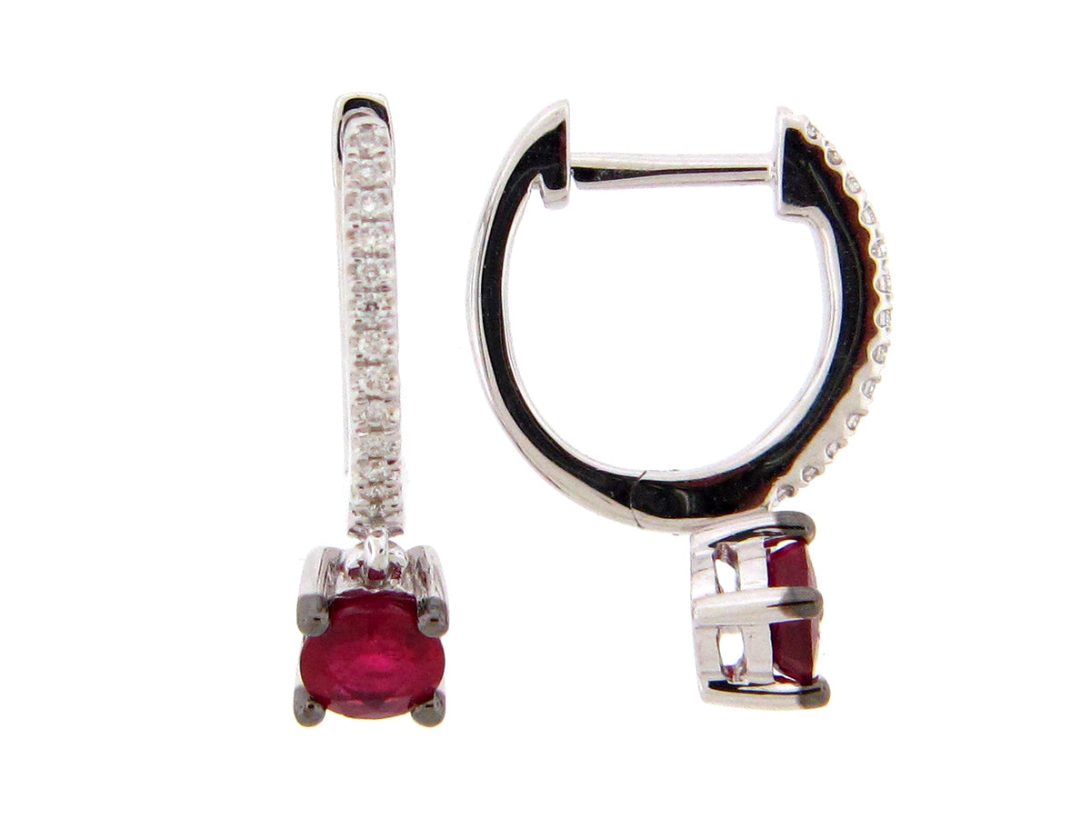 RUBY & DIAMOND HOOP DANGLE EARRING, 14KW (H)