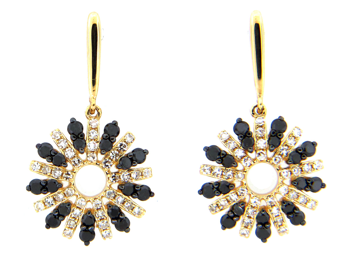 BLACK & WHITE DIAMOND FLOWER DANGLE EARRING, 14KY (R)
