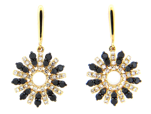 BLACK & WHITE DIAMOND FLOWER DANGLE EARRING, 14KY (R)