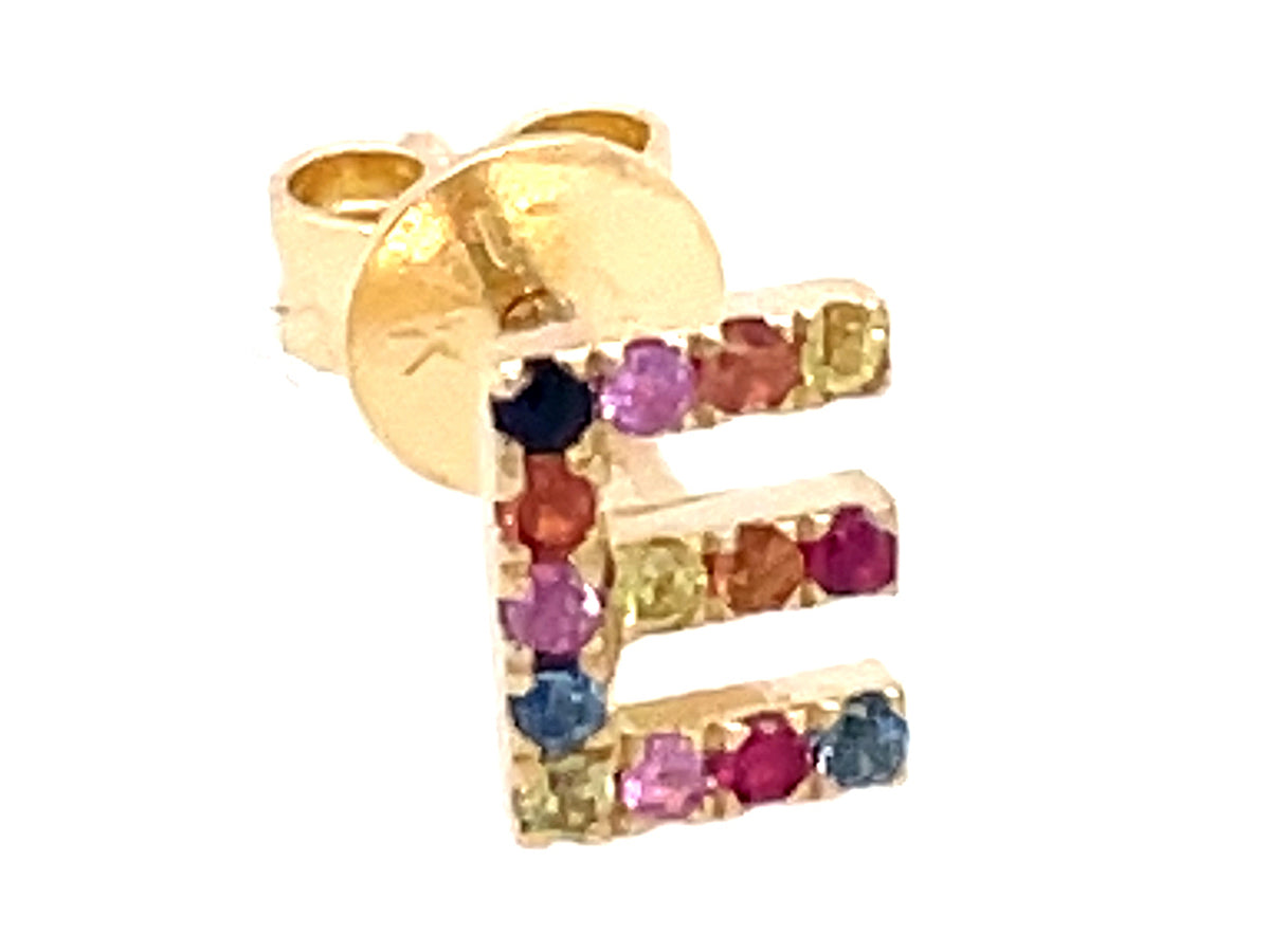 RAINBOW SAPPHIRE LETTER E SINGLE STUD EARRING
