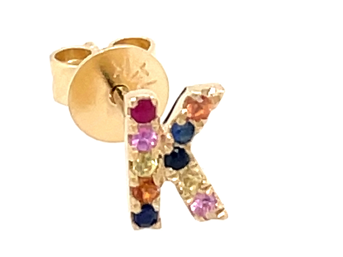 RAINBOW SAPPHIRE LETTER K SINGLE STUD EARRING, 14KY (H/U)