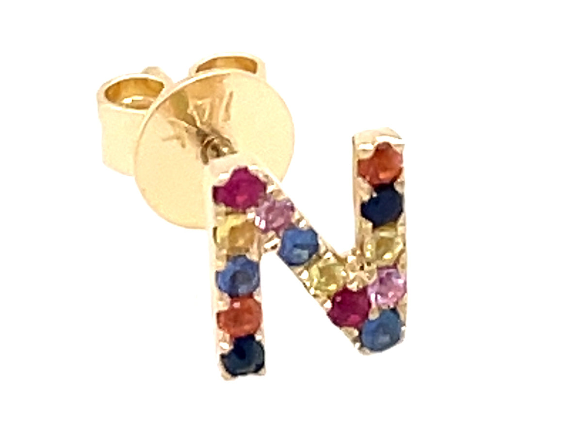 RAINBOW SAPPHIRE LETTER N SINGLE STUD EARRING