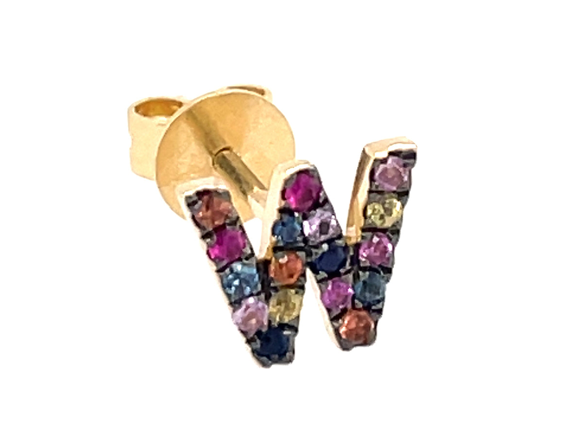 RAINBOW SAPPHIRE LETTER W SINGLE STUD EARRING