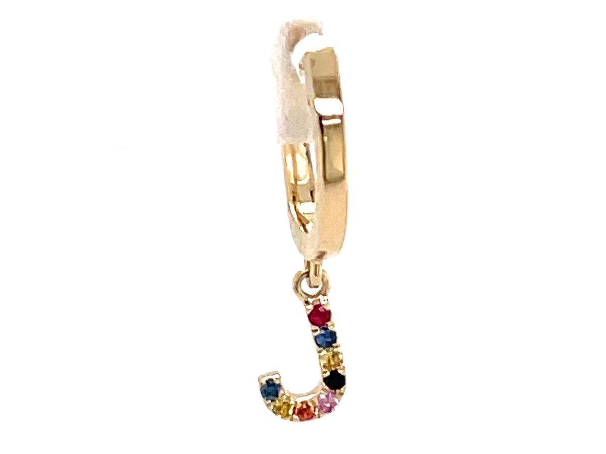RAINBOW SAPPHIRE LETTER J SINGLE DANGLE EARRING