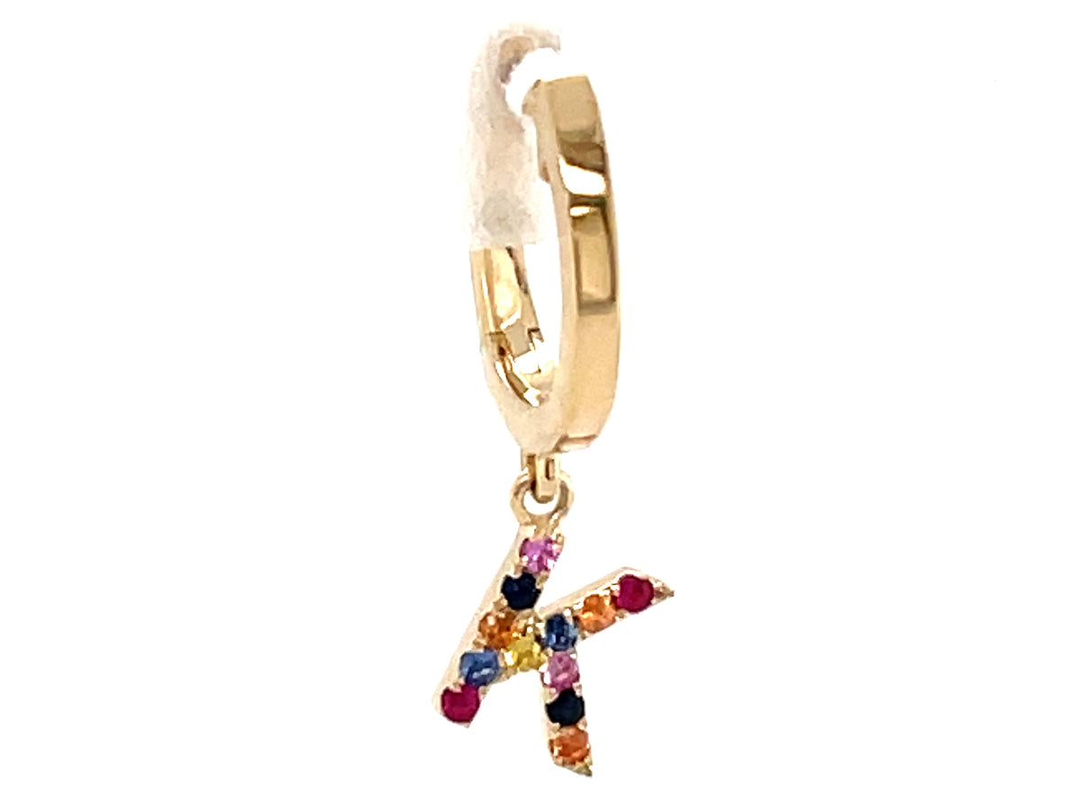 RAINBOW SAPPHIRE LETTER K SINGLE DANGLE EARRING