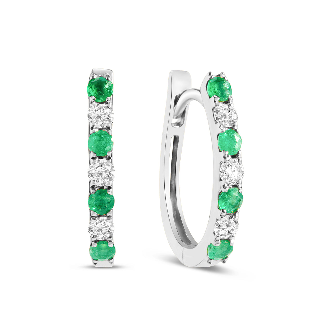 Emerald & Diamond Alternating Oval Huggie Hoop Earring