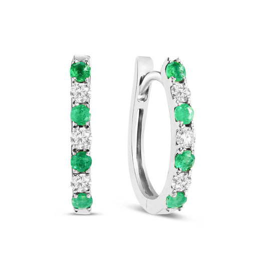 Emerald & Diamond Alternating Oval Huggie Hoop Earring