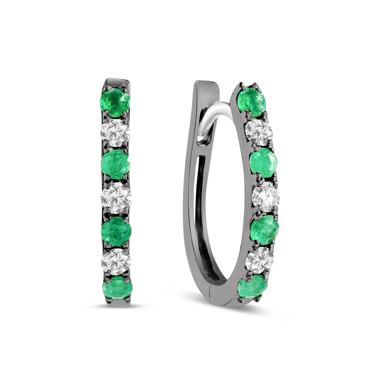 Emerald & Diamond Alternating Oval Huggie Hoop Earring