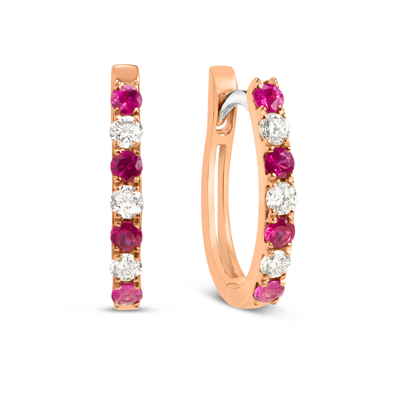 Ruby & Diamond Alternating Oval Huggie Hoop Earring
