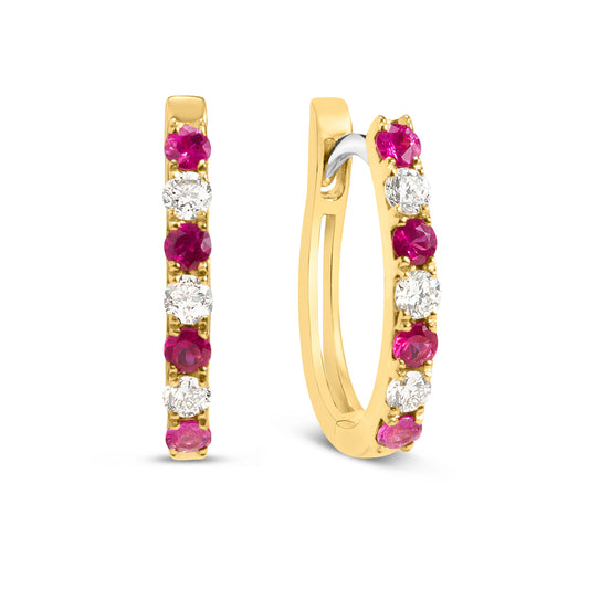 Ruby & Diamond Alternating Oval Huggie Hoop Earring