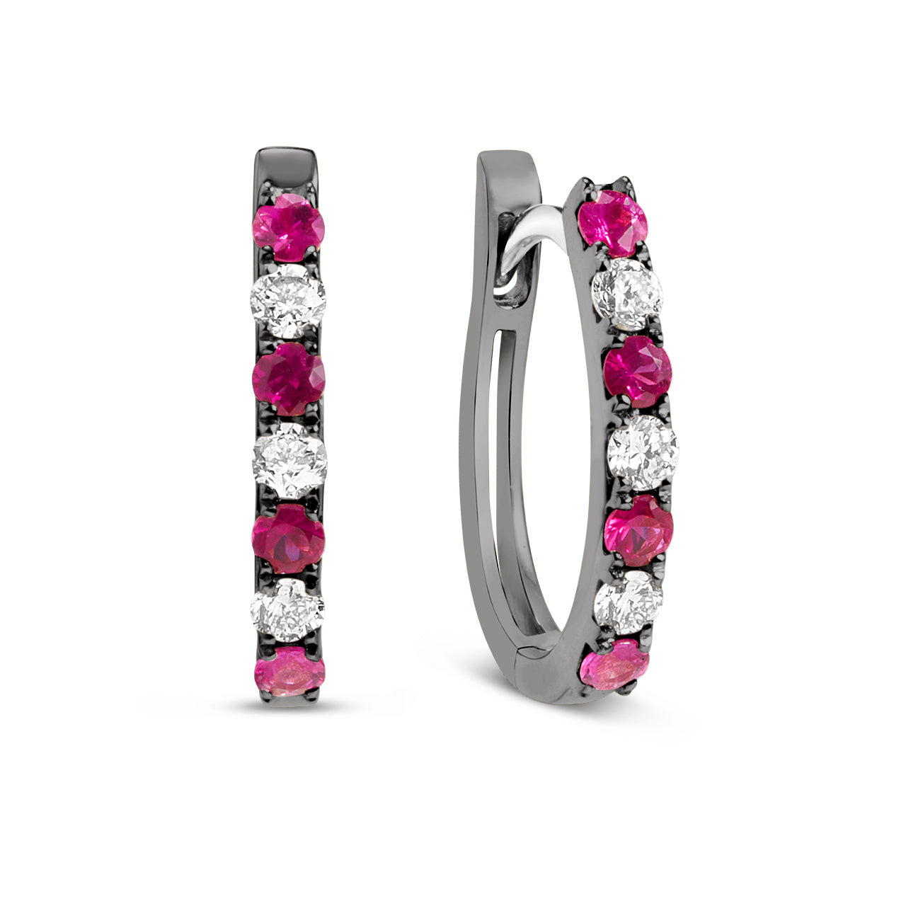 Ruby & Diamond Alternating Oval Huggie Hoop Earring