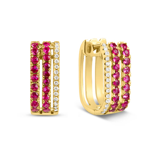 Ruby & Diamond 3 Bar Huggie Earring