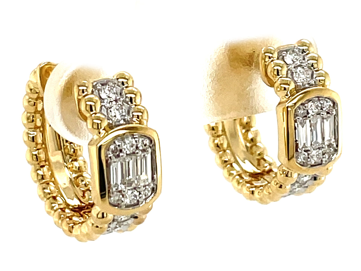 DIAMOND BAGUETTE CLUSTER BEZEL BEAD EDGE HOOP EARRING, 15.5MM, 14KY (N)