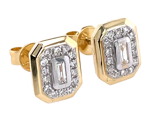 DIAMOND BAGUETTE BEZEL OCTAGON STUD EARRING, 8.3X6.5MM