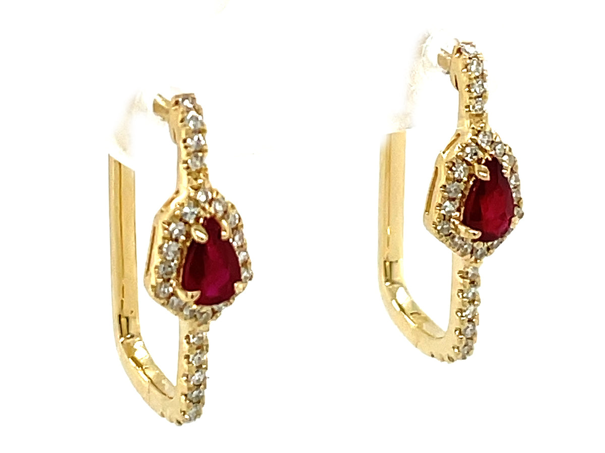 RUBY PEAR & DIAMOND RECTANGLE HOOP EARRING, 20X12MM