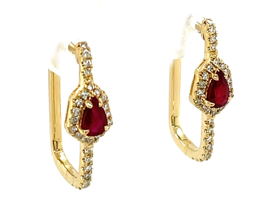 RUBY PEAR & DIAMOND RECTANGLE HOOP EARRING, 20X12MM
