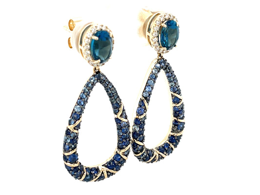 Blue Topaz Oval, Sapphire Diamond Teardrop Dangle Earring, 37mm Long