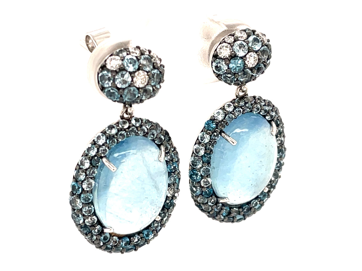 Aquamarine Oval Cabachon, Blue Topaz Diamond Pave Halo Dangle Earring, 29mm Long