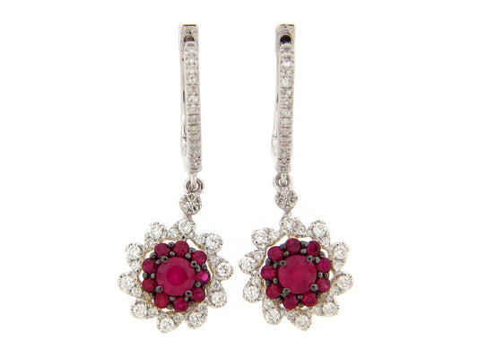 RUBY CLUSTER & DIAMOND HALO DANGLE EARRING