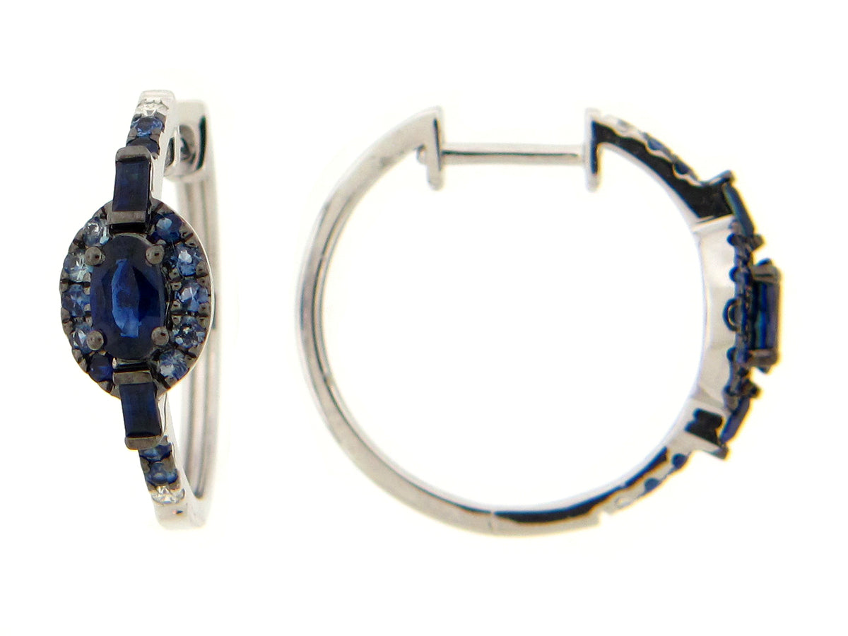 SAPPHIRE & DIAMOND HALO HOOP EARRING, 14KW (H)