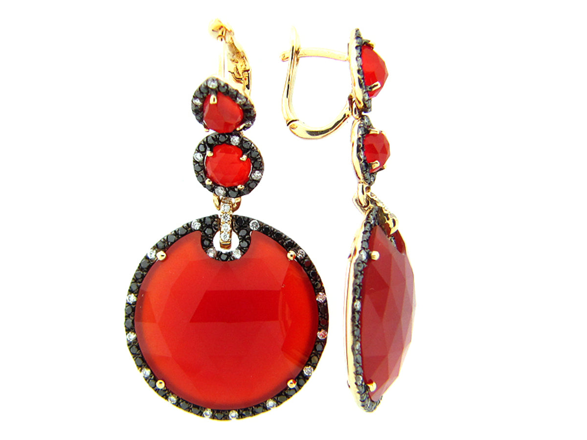 RED ORANGE AGATE, BLACK & WHITE DIAMOND EARRING, 14KY (D/R), C=25.00